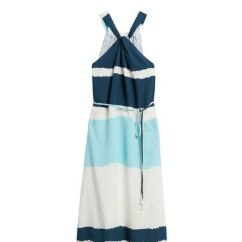 BANANA REPUBLIC twisted halter neck blue white striped belted summer maxi dress